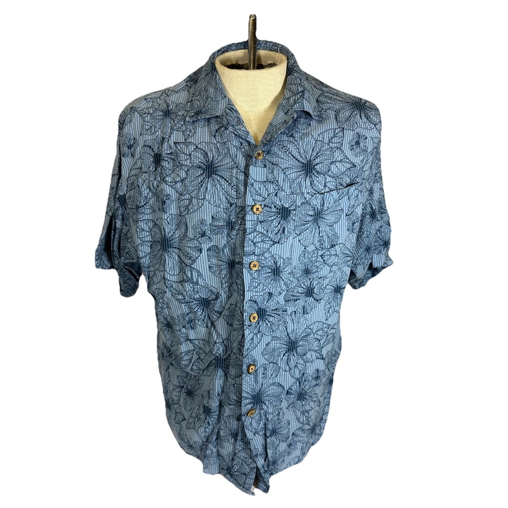 Hawaiian Shirt Mens M ORIGINAL ISLAND SPORT Blue Tropical Hibiscus Floral Shirt